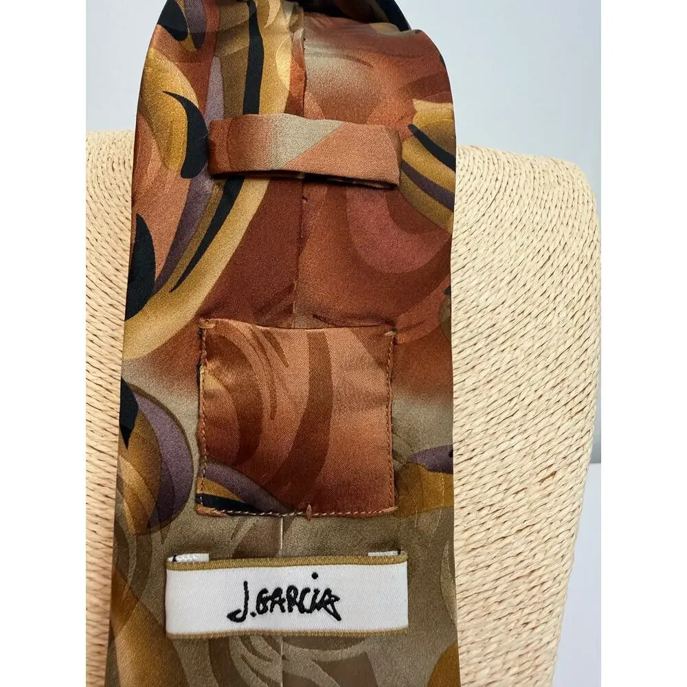 J Garcia Snail Garden Limited Edition Silk Tie Collection 43 Gold Brown Scroll